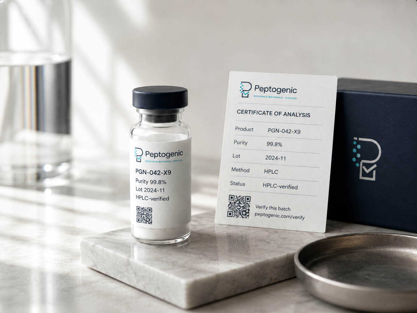Peptogenic research vial and Certificate of Analysis card on a marble surface, with a navy presentation box